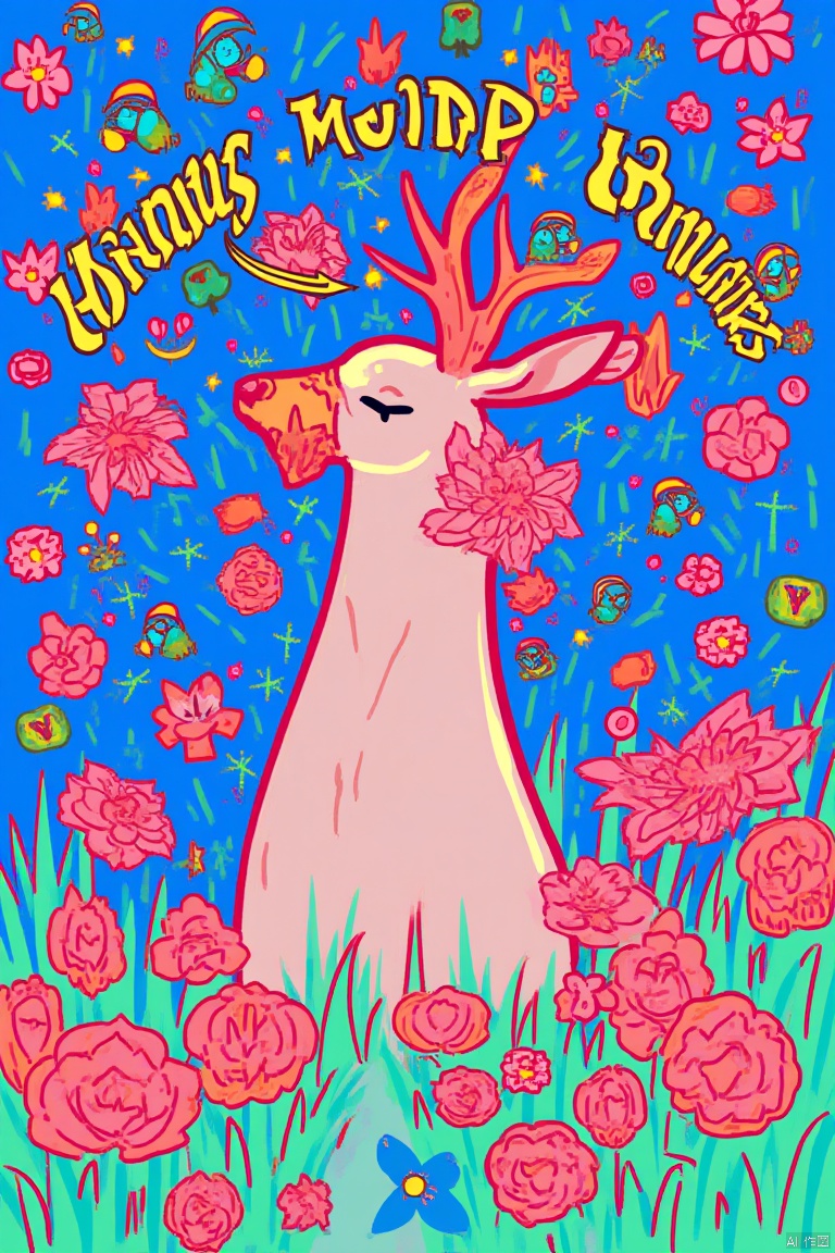 (psychedelic art:1.5),(view from below:1.2),girl,personification,big color block,white,blue,Upper body,eyes closed,deer,There are flowers,
