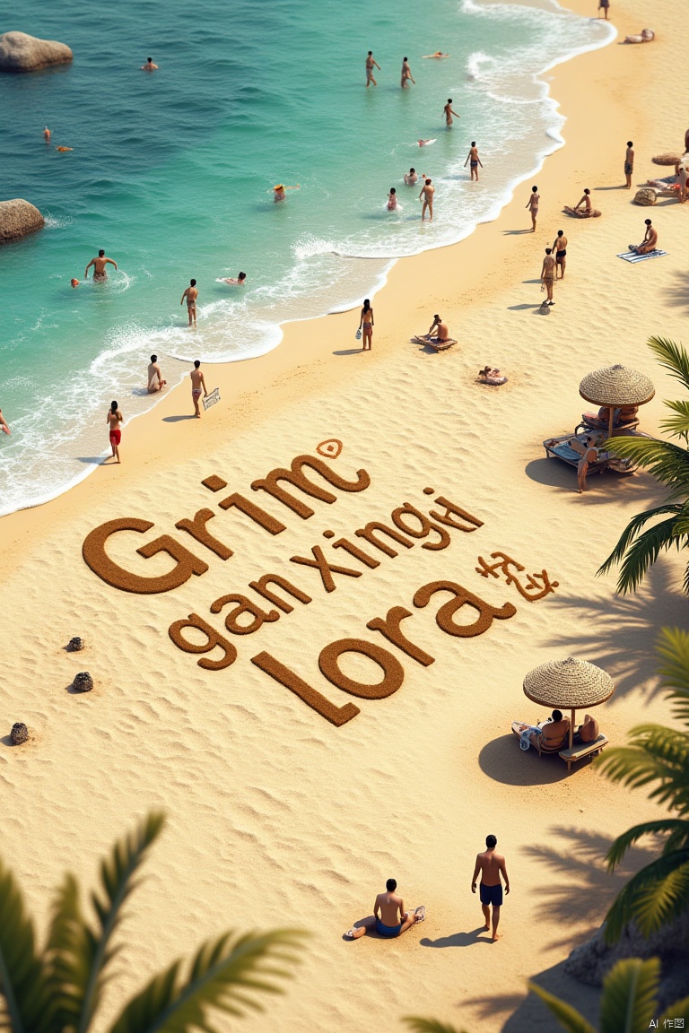 Isometric scene at the beach. 
There are people enjoying the beach.

Written in the sand you can see text that reads "gan xing lora"

In the distance you can see palm trees and the beach.

highly detailed realistic textures. rtx on, volumetric lighting.