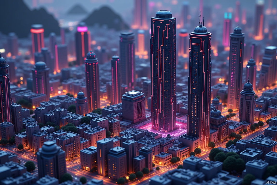 Isometric city neighborhood. Tall futuristic Sci-fi buildings with neon lights. Evening isometric city. Tilt shift.,360