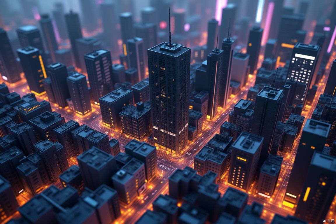 Isometric city neighborhood with tall reflective skyscrapers.

Atmospheric vibes, wet textures, rainy, cloudy. 

Cyberpunk aesthetic. Dark futuristic noir city style. Tilt shift. aerial view.

Bright neon lights, night time, tilt shift.360