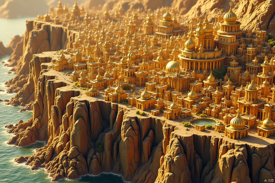 isometric golden city map with exaggerated geographical features. A city along the edge of a cliff with detailed golden buildings. High fantasy isometric city.360