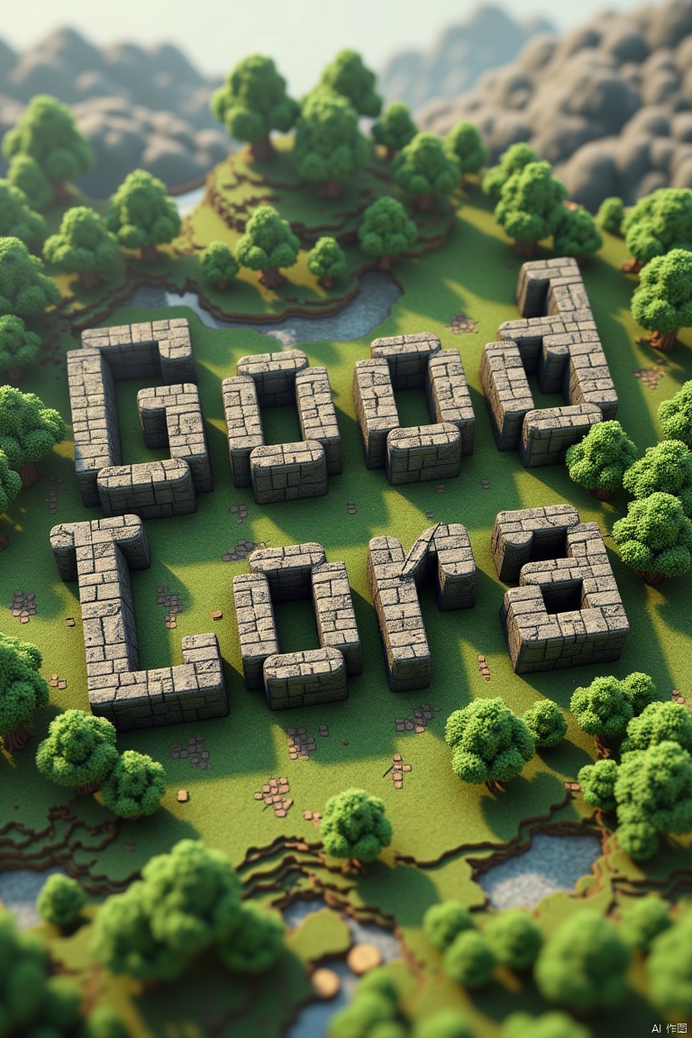 Isometric minecraft world. voxels. In the middle of the field filled with grass and hills with a few trees, There are block buildings in the shape of the "Good Lora" Logo.

Stone and grass blocks make up the Minecraft logo. Minecraft branding.

volumetric lighting, RTX on.360