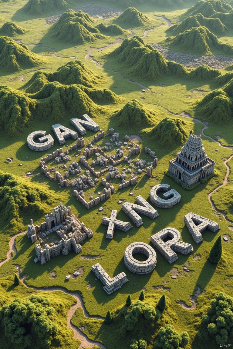Isometric plains. In the middle of the field filled with grass and hills with a few trees, there are temple ruins. 

The temple ruins create the shape of text.

The text temple ruins read "gan xing lora"

Photographic textures. Each letter is a ruined destroyed building.
