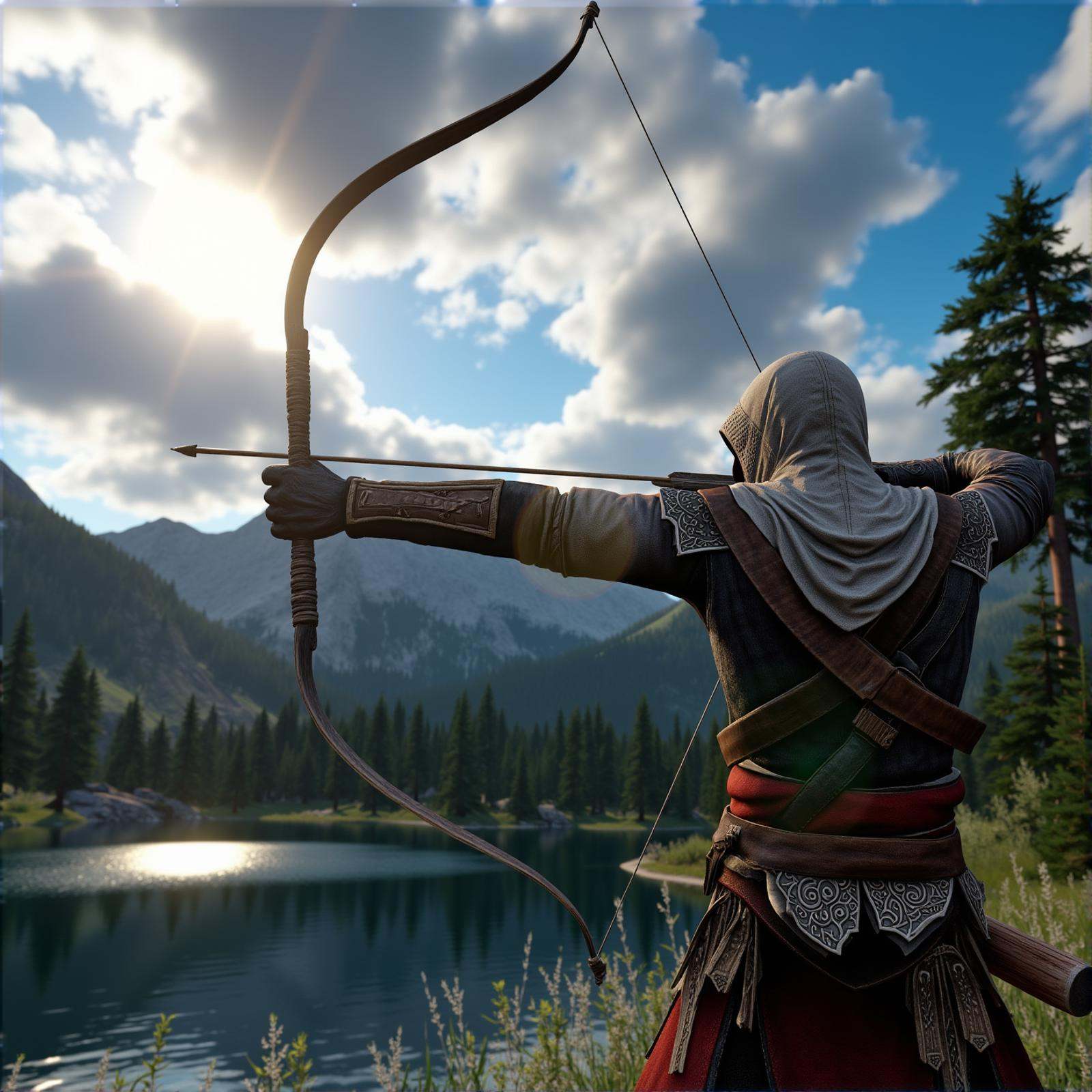 Archery an hdr side view photo of a warrior hoodie man holding a bow and arrow in front of a lake in the afternoon,  solo,...