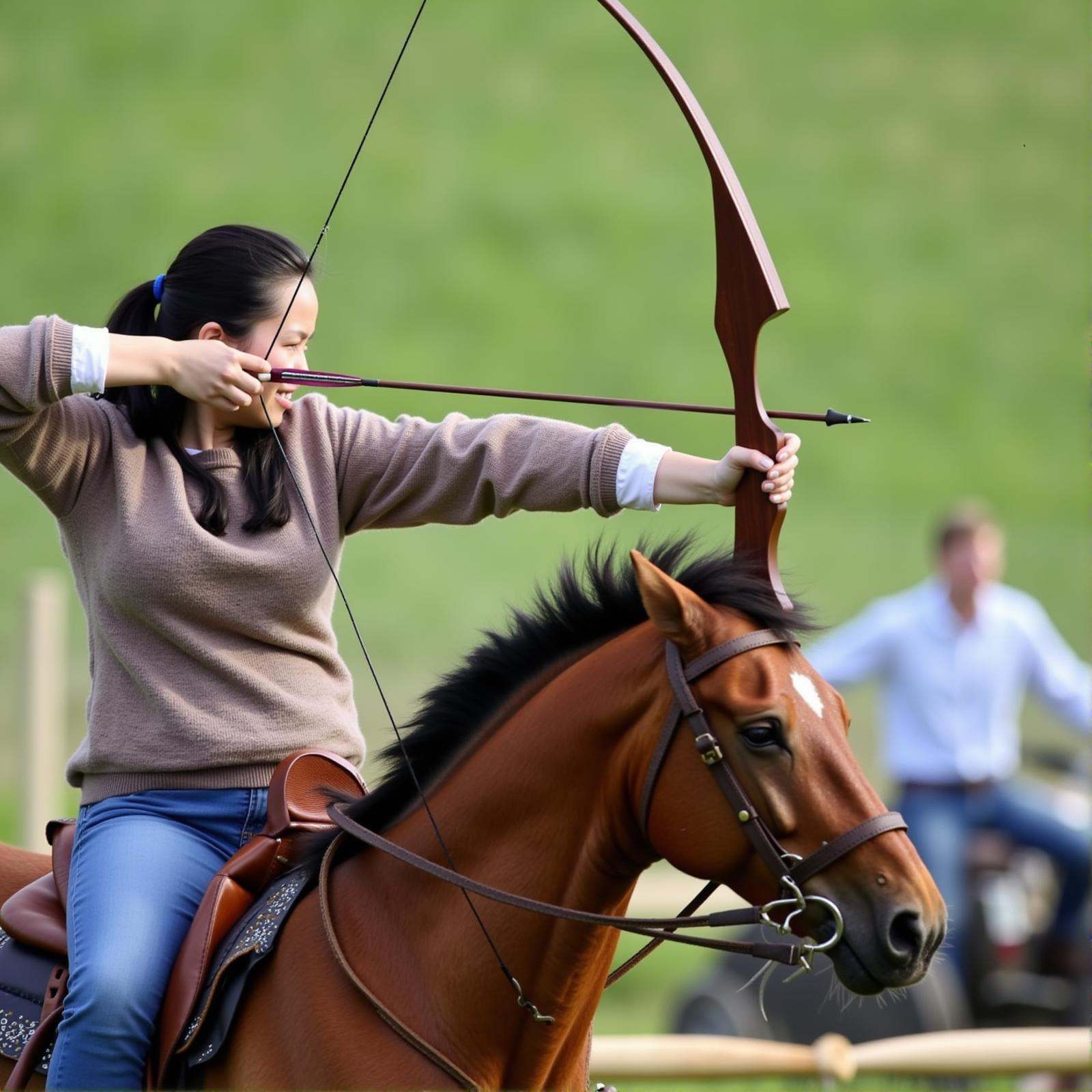 Archery a woman is riding a horse while shooting with a bow and arrow,  1girl,  solo on Tensor.Art