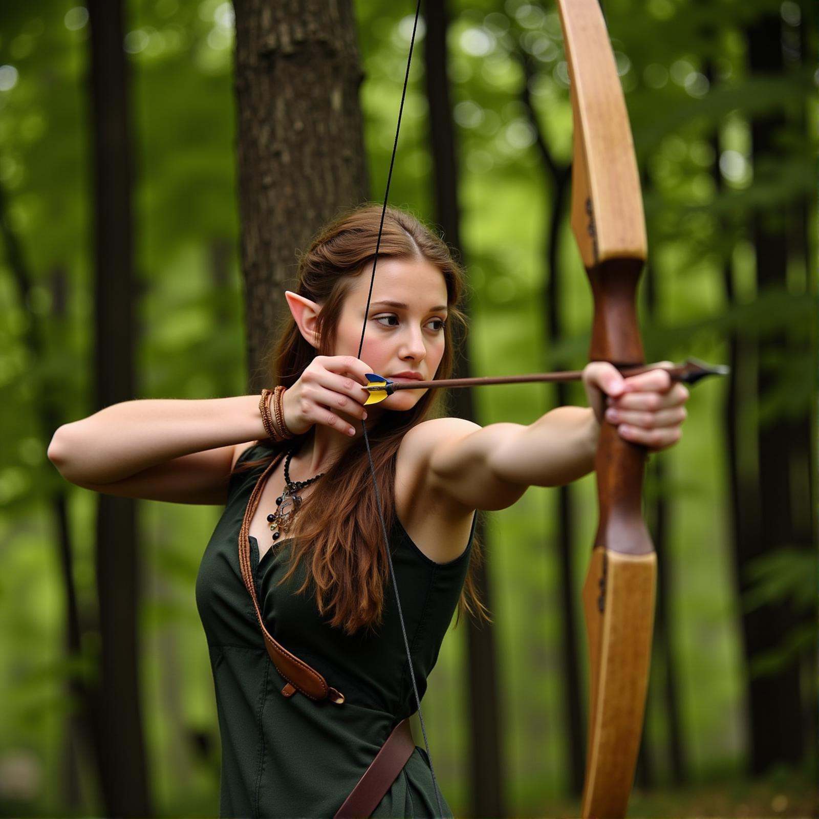 Archery a side view of an elf woman is aiming a bow and arrow in the woods,  1girl,  solo on Tensor.Art