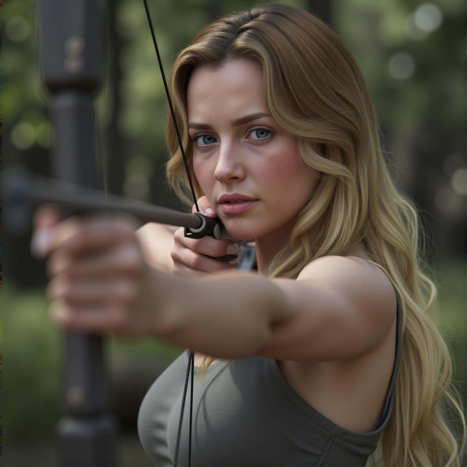 Archery a closeup of a woman pointing a bow and arrow in a scene,  1girl,  solo on Tensor.Art