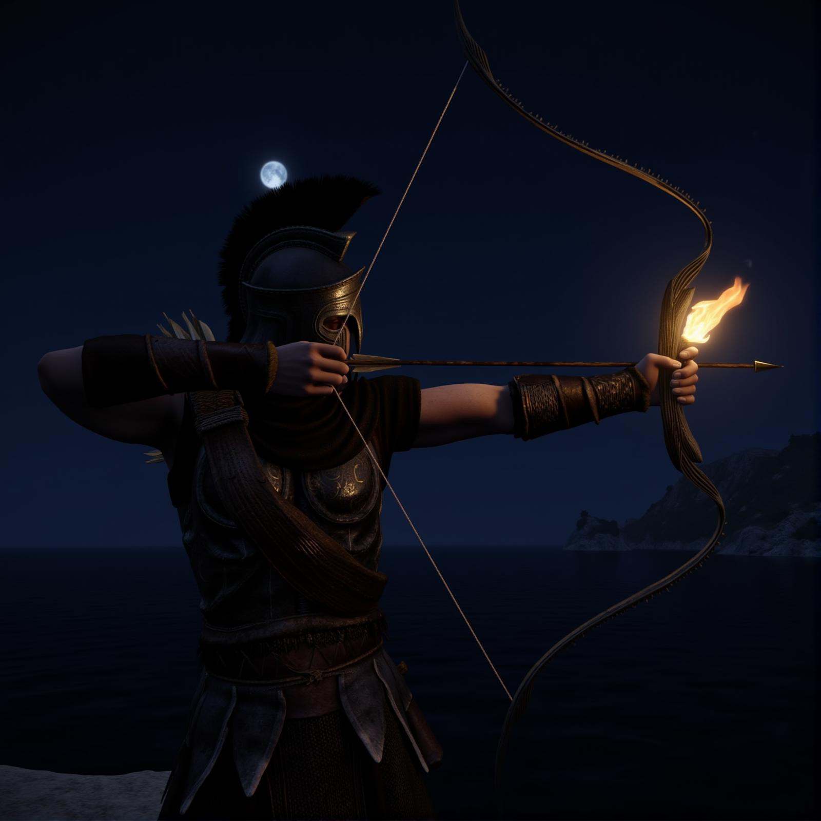 Archery a side view of a spartan warrior man in a helmet holding a bow and arrow on fire at night,  solo,  gloves on Tenso...