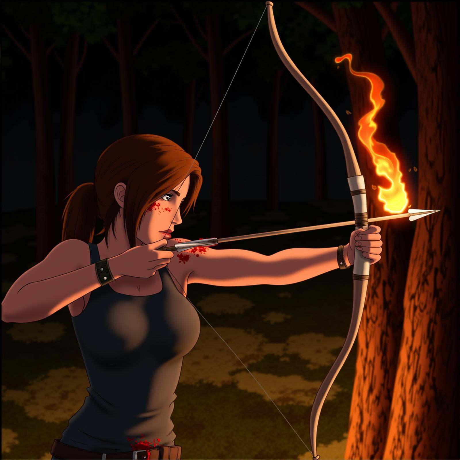 Archery a side view of a cartoon lara croft a woman aiming a bow and arrow on fire in a forest,  1girl,  solo on Tensor.Art