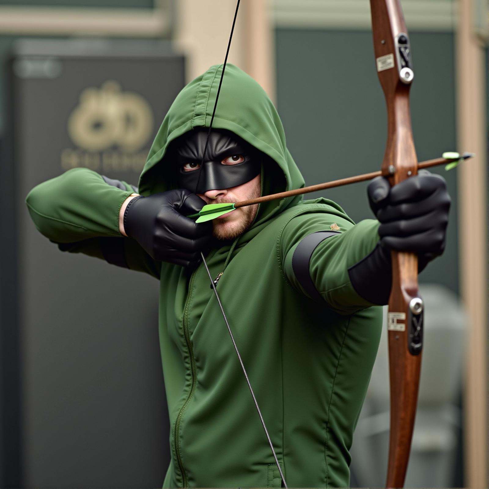 Archery a man in a green hoodie pointing a bow and arrow,  solo,  looking at viewer on Tensor.Art
