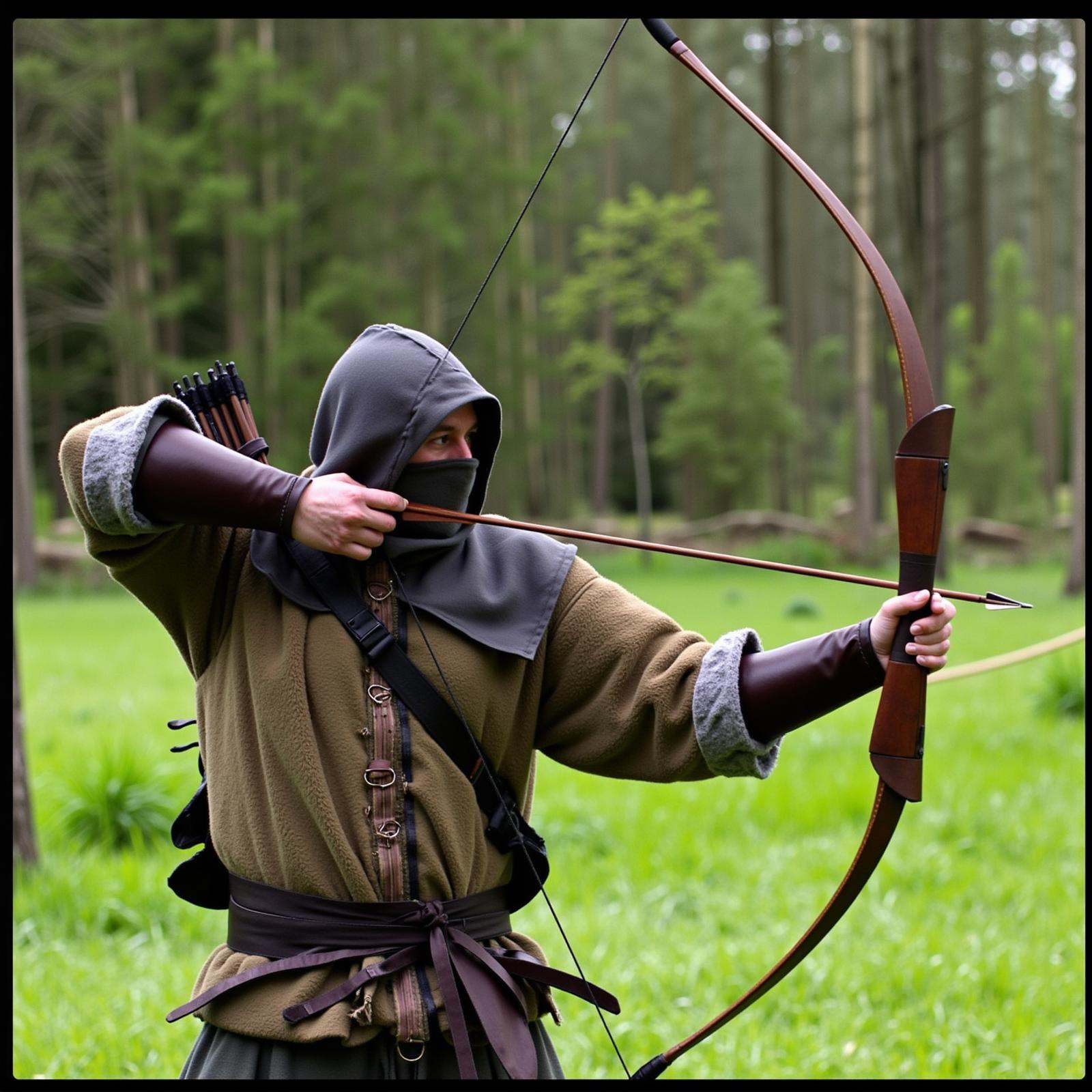 Archery a side view of a man in a hoodie is holding a bow and arrow,  solo,  1boy on Tensor.Art