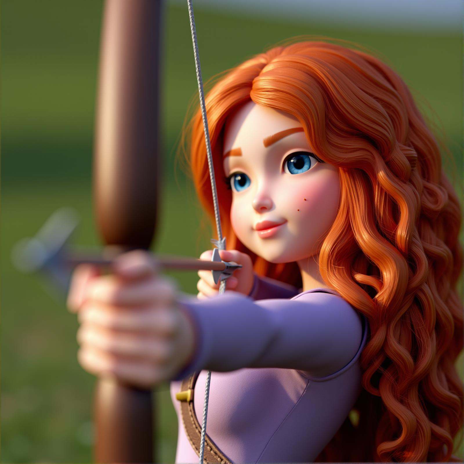 Archery a closeup of a doll face woman with red hair holding a bow and arrow,  1girl,  solo on Tensor.Art