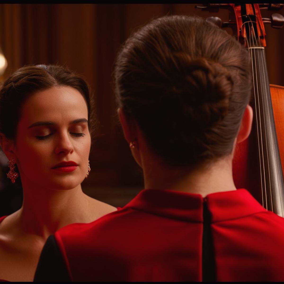 cinematic film still of Split image focus of closeup of a man's back head is looking at a woman in a red dress playing a c...