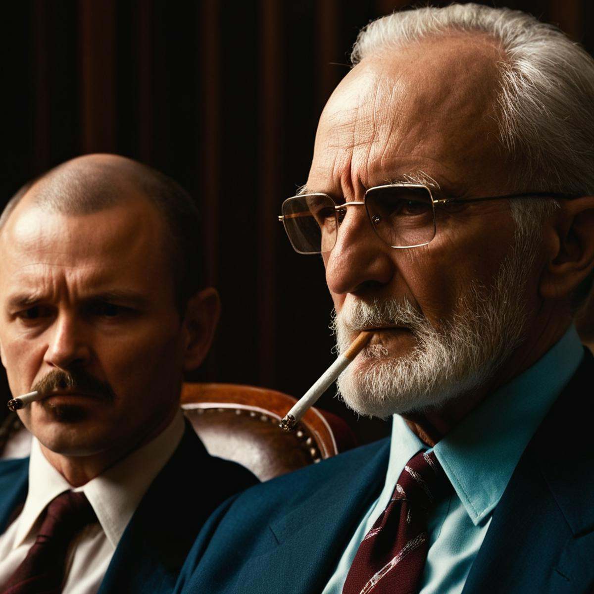cinematic film still of Split image focus of closeup of a creepy looking old man on the left sitting on a chair next to an...