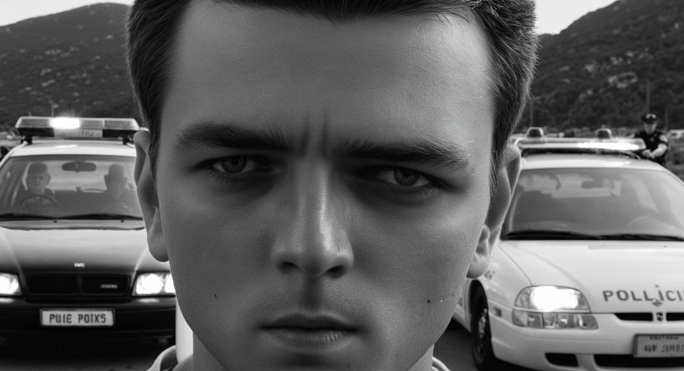 cinematic film still of Split image focus of a closeup of a man in a car in front of camera looking at a police car in bac...
