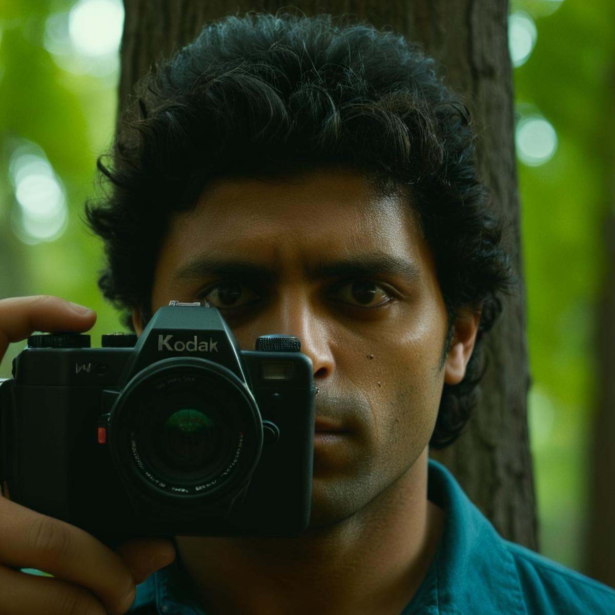 cinematic film still of Split image focus of M. Night Shyamalan a man holding a camera up to his face,  Split Diopter styl...
