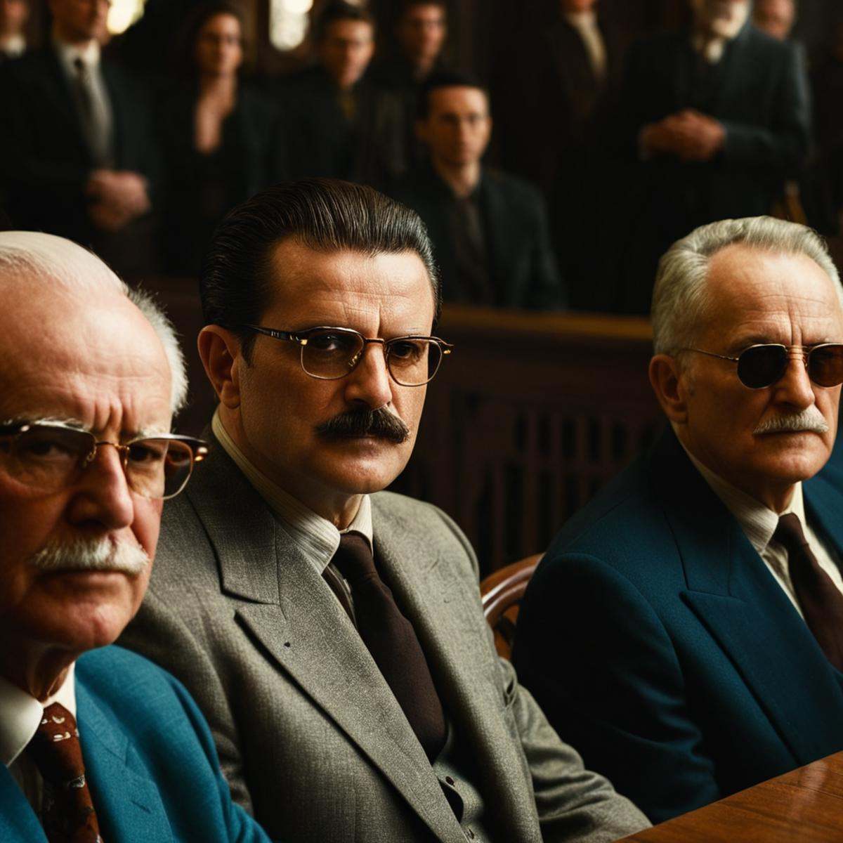 cinematic film still of Split image focus of closeup of profile view of three old men sitting at a court table with glasse...