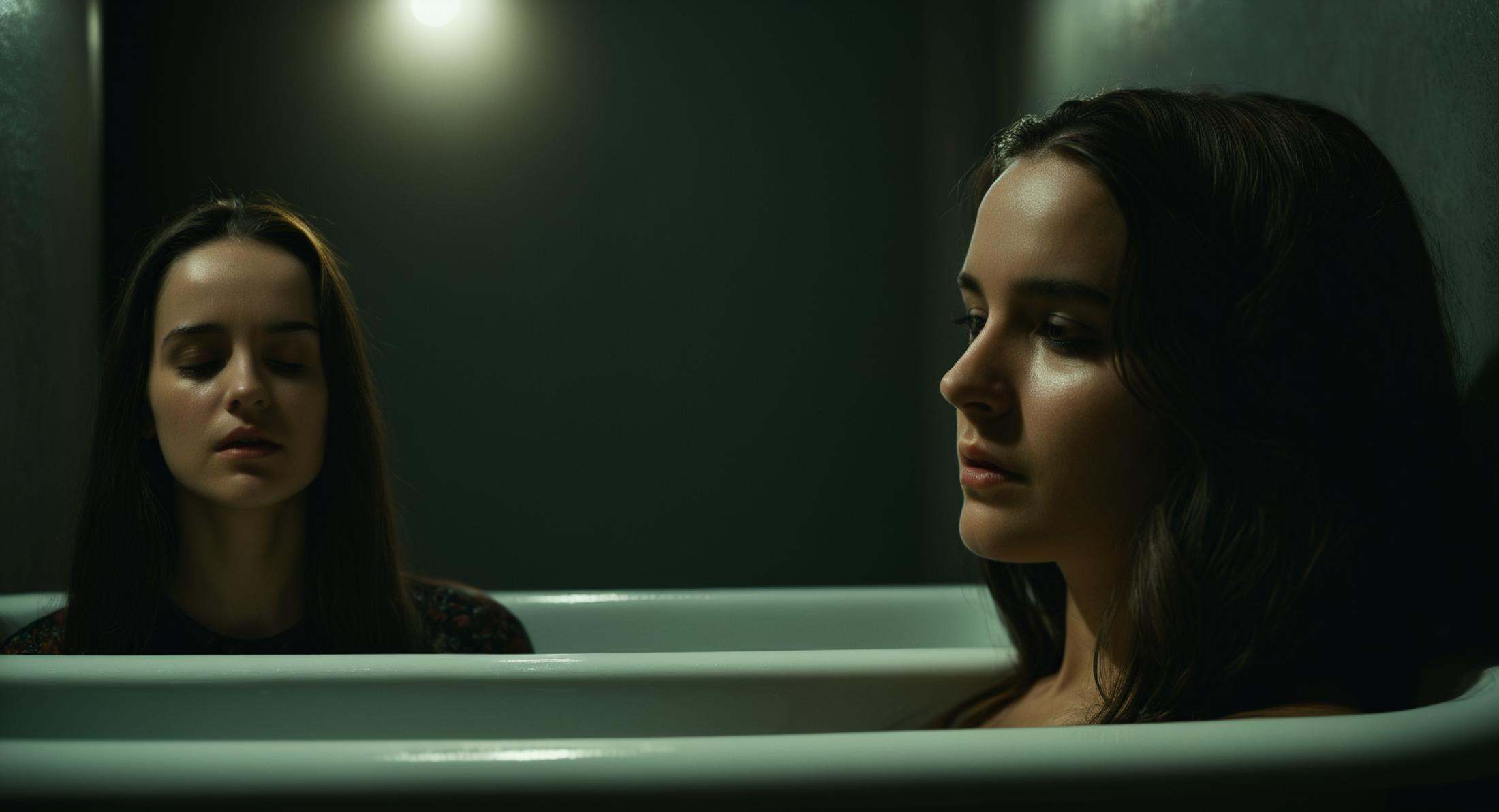 cinematic film still of Split image focus of a closeup of a woman looking down at something next to another woman sitting...