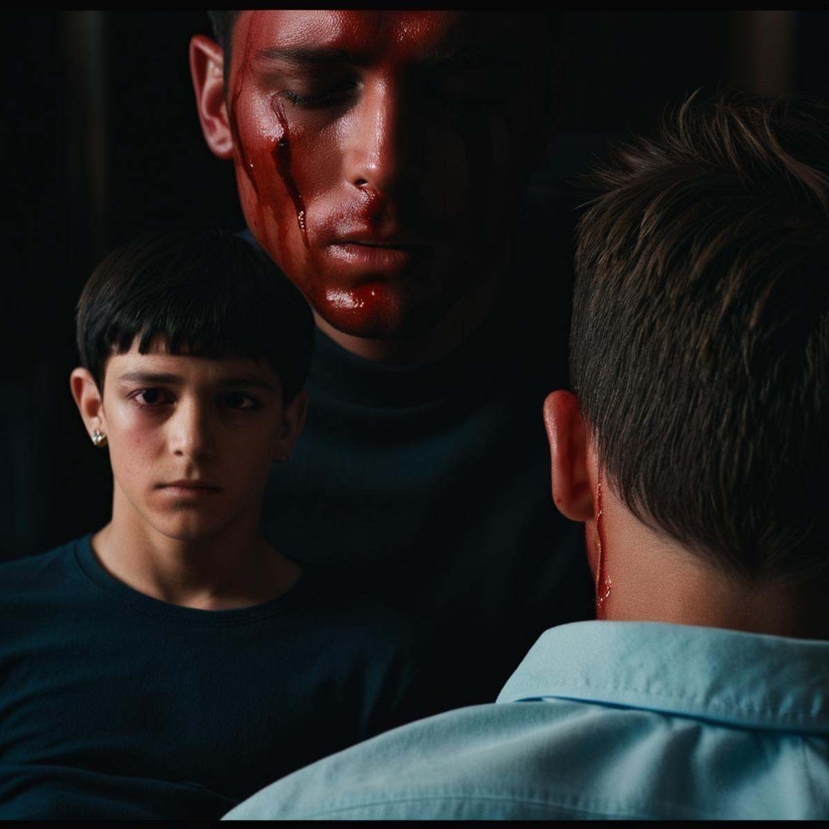 cinematic film still of Split image focus of closeup of a man's back head on the right looking to a man laying on the grou...