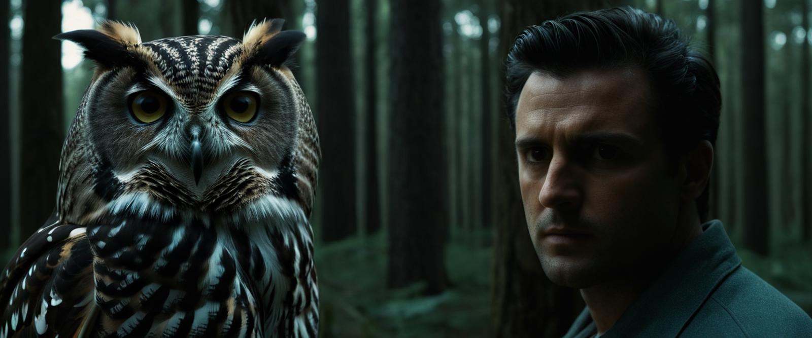 cinematic film still of Split image focus of a closeup of a large owl staring at camera next to a man standing in the back...