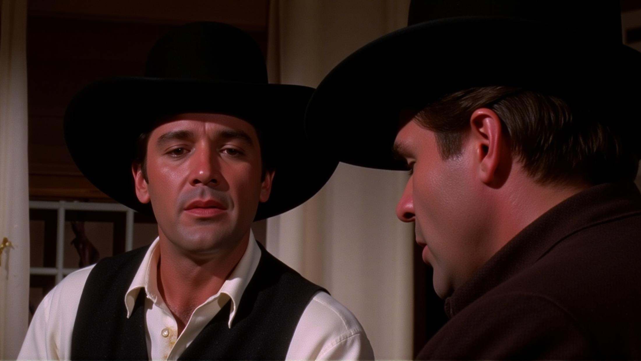 In Split Diopter style,  Split image focus of a man in a cowboy hat sitting next to another man in cowboy hat in a room,...