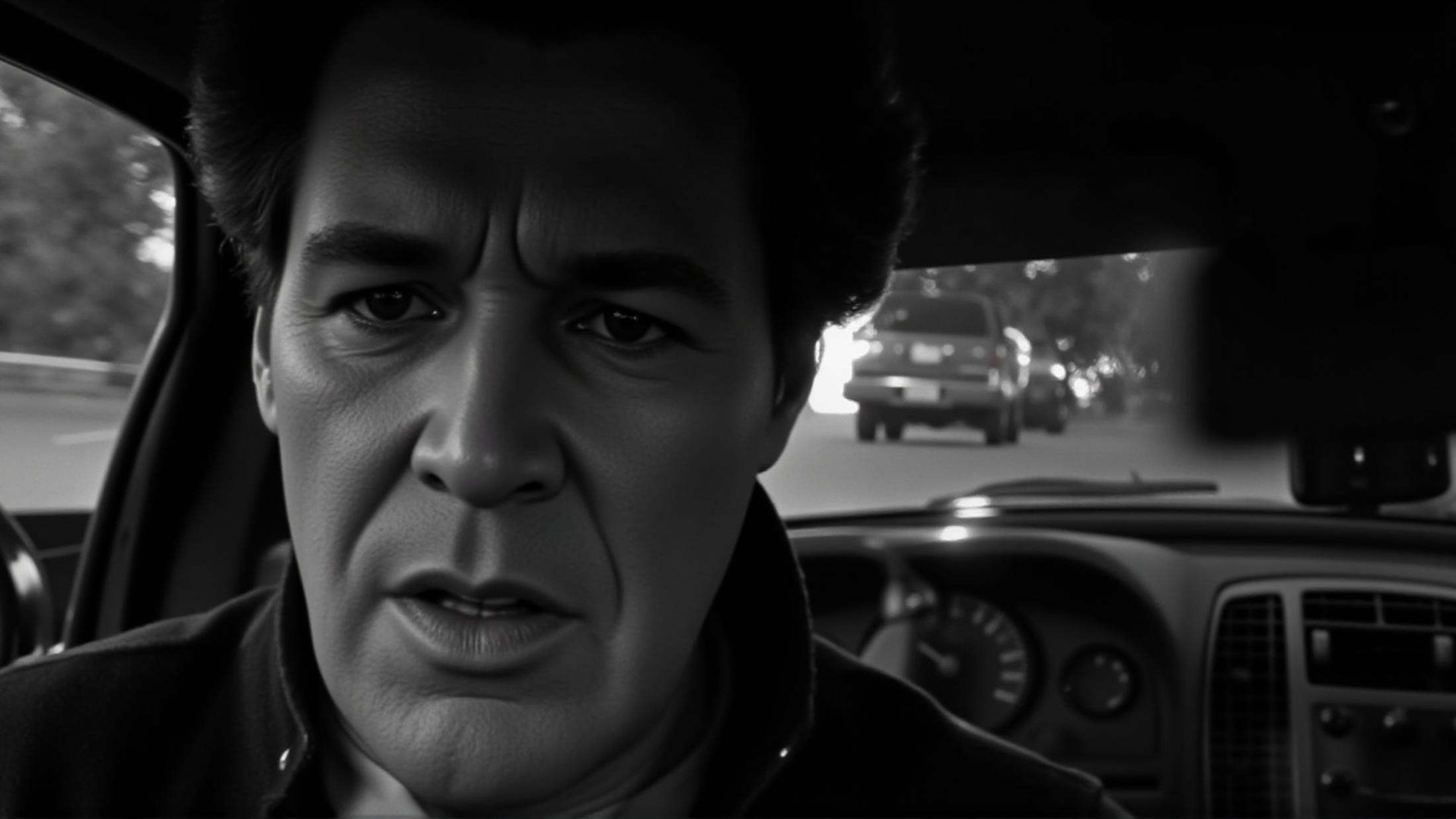 In Split Diopter style,  Split image focus of a closeup of a man in a car in front of camera looking at a police car in ba...