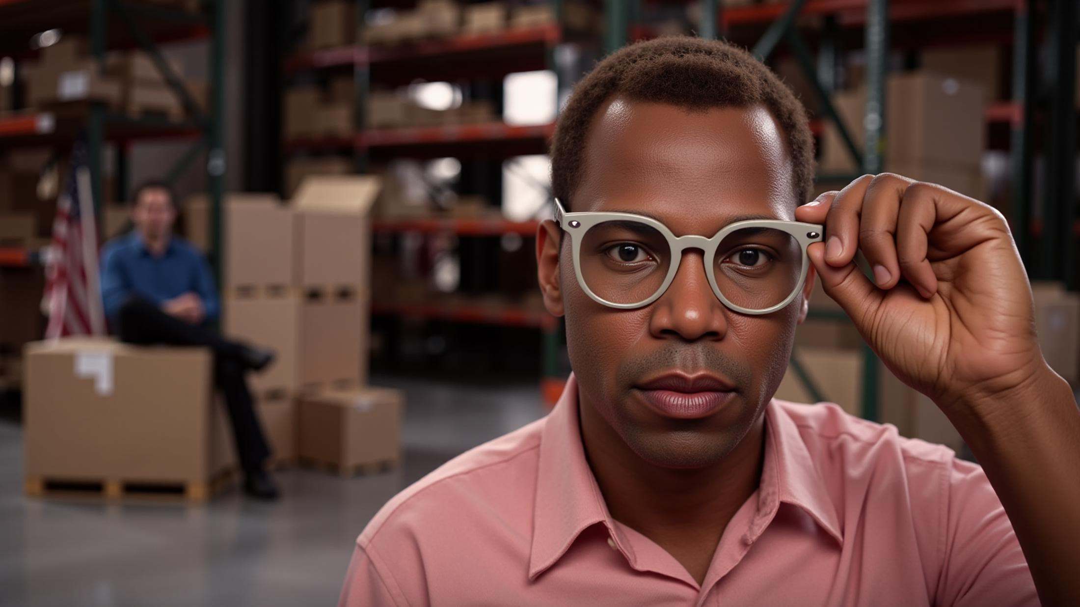 professional 3d model In Split Diopter style,  Split image focus of a closeup of a black man in glasses is holding glasses...