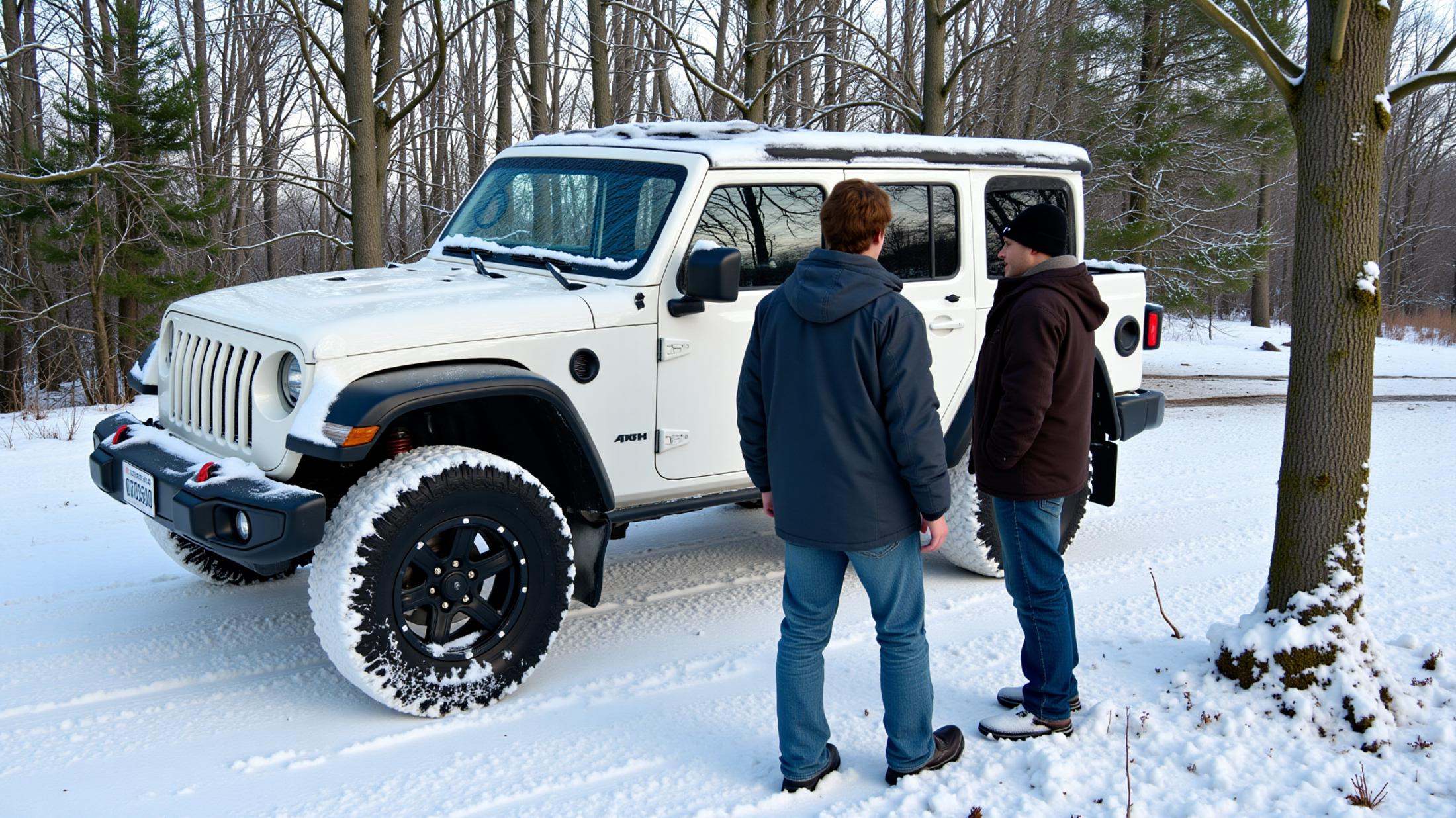 professional 3d model In Split Diopter style,  Split image focus of closeup of a truck car on the left in the snow standin...