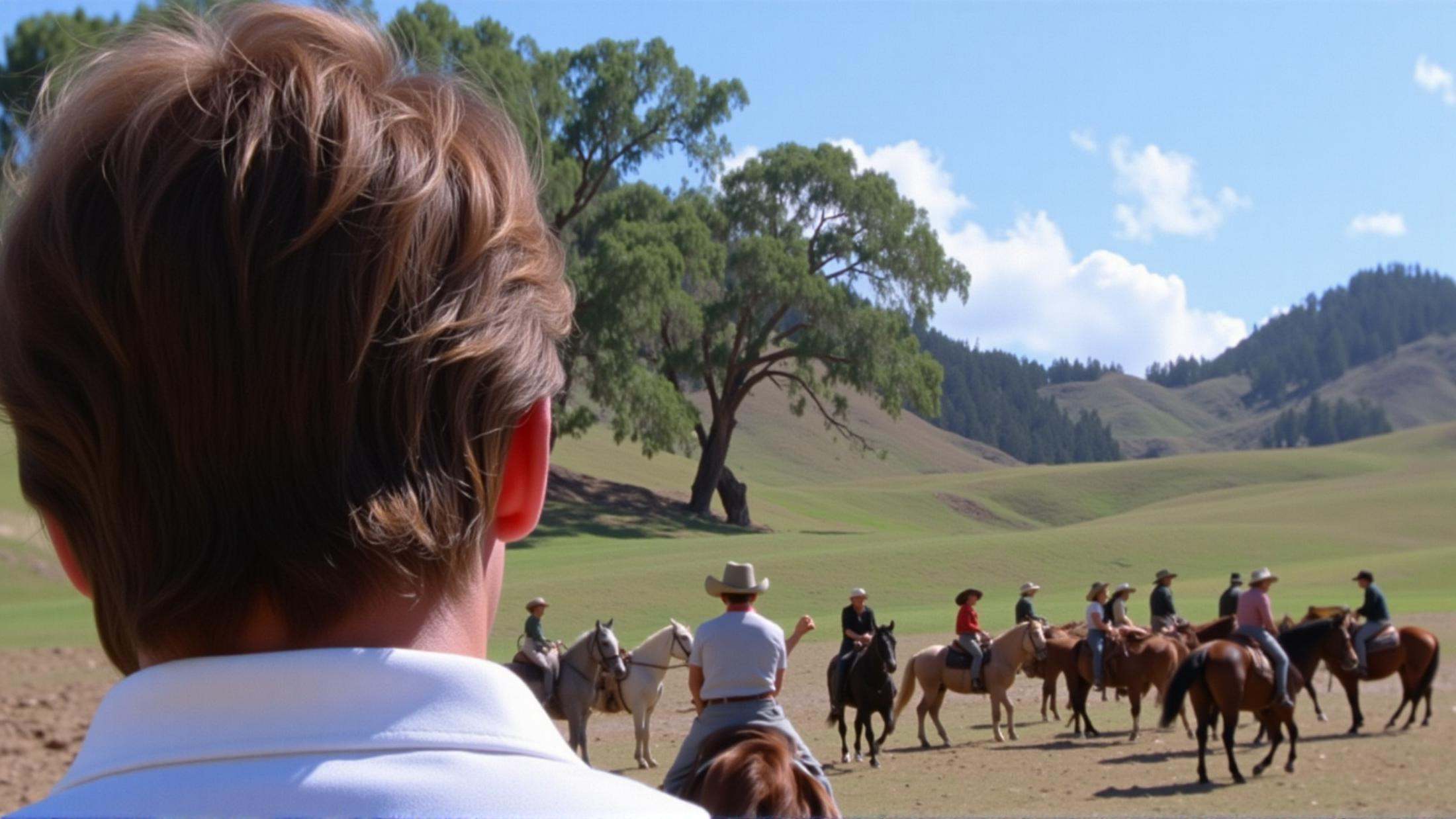 In Split Diopter style,  Split image focus of a man's back at the left looking at a group of people riding horses far away...