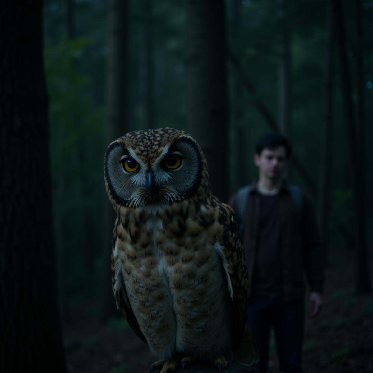 Deep focus,  In Split Diopter style,  Split image focus of a closeup of a large owl staring at camera next to a man standi...