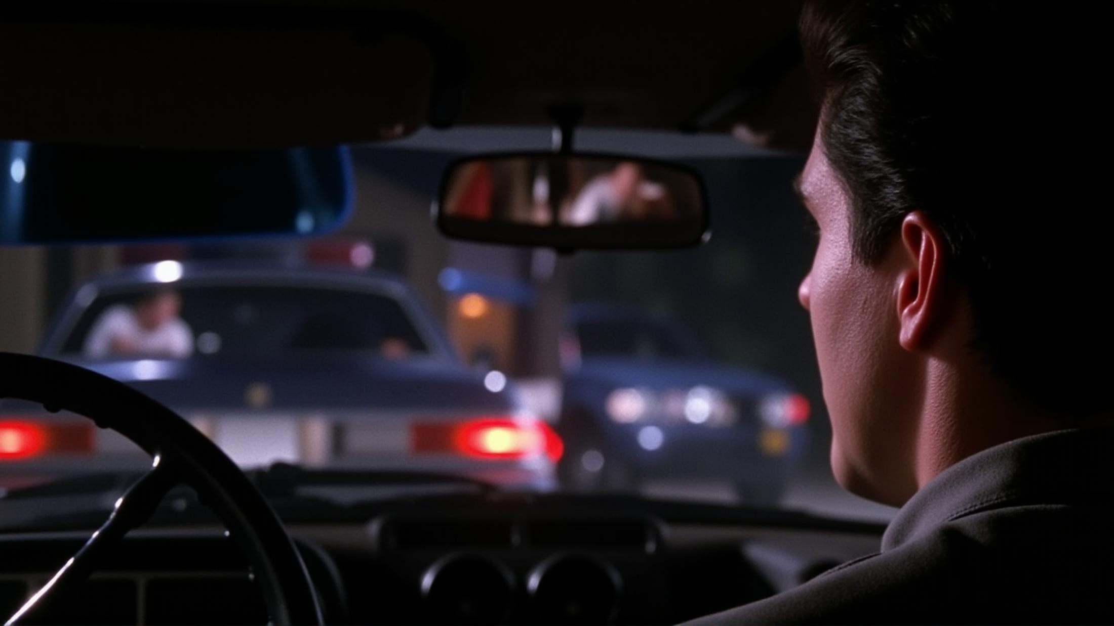 In Split Diopter style,  Split image focus of a closeup of a man in a car in front of camera looking at a police car in ba...