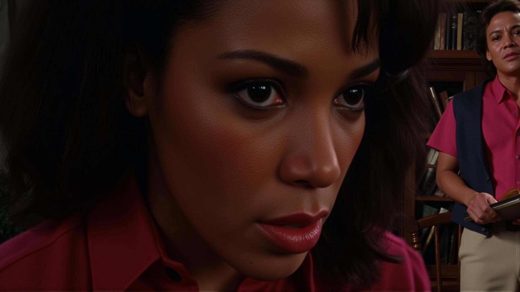 In Split Diopter style,  Split image focus of a closeup of a black woman with surprise look on her face staring at camera...
