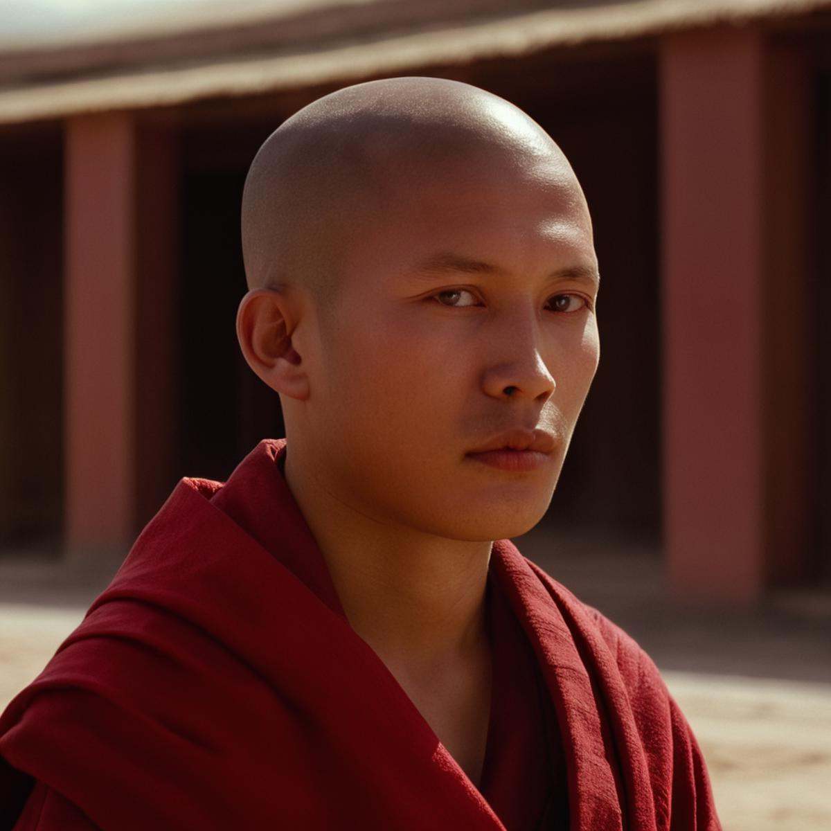 cinematic film still of a young monk with a red robe on,  solo,  looking at viewer on Tensor.Art