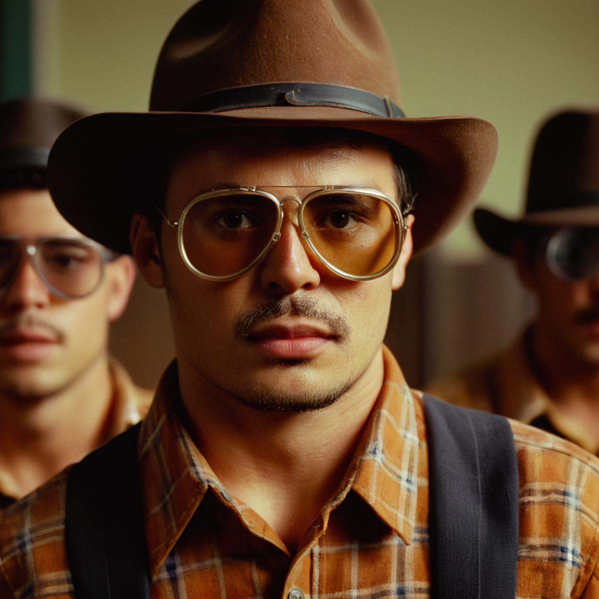 cinematic film still of a man wearing a cowboy hat and goggles,  shirt,  1boy on Tensor.Art