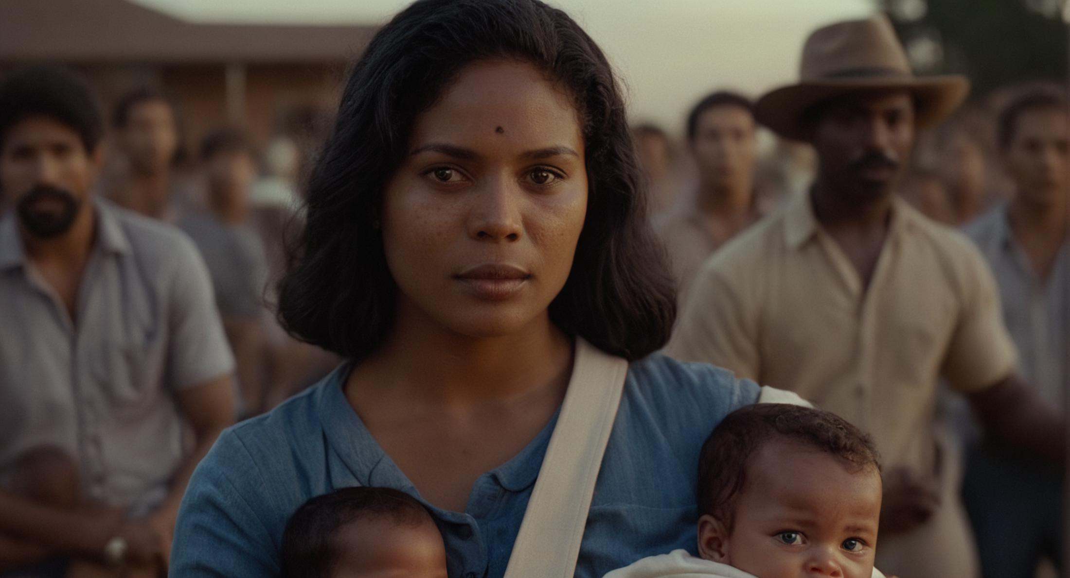 cinematic film still of a woman holding a baby in a sling,  1girl,  looking at viewer on Tensor.Art