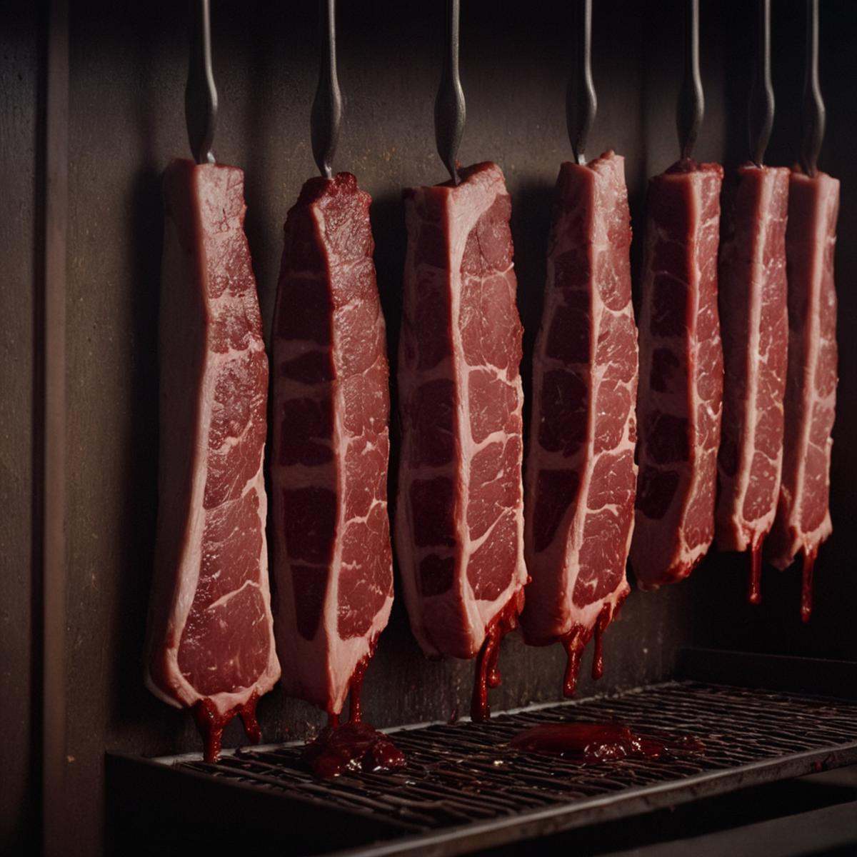 cinematic film still of a bunch of meat hanging from a rack,  holding,  blurry on Tensor.Art