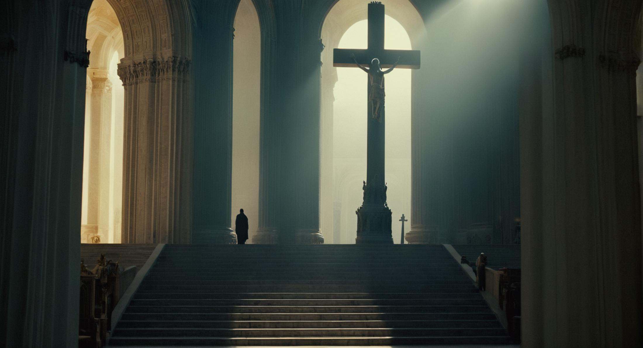 cinematic film still of a large cathedral with a statue of a person on a cross,  indoors,  no humans on Tensor.Art
