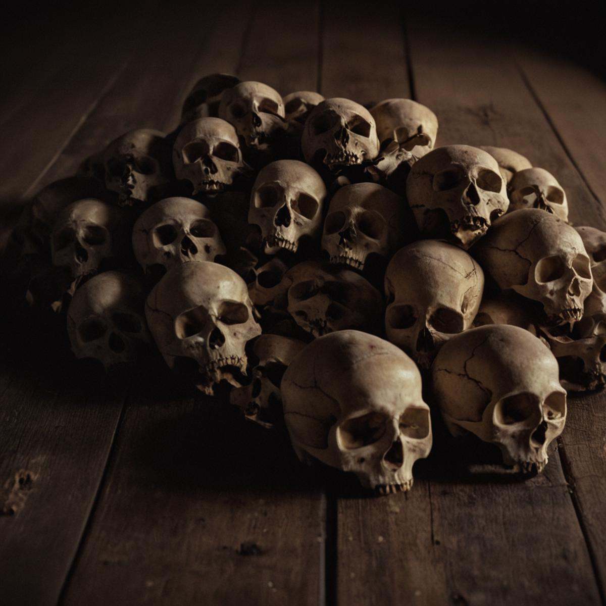 cinematic film still of a pile of skulls sitting on top of a wooden floor,  no humans,  skull on Tensor.Art