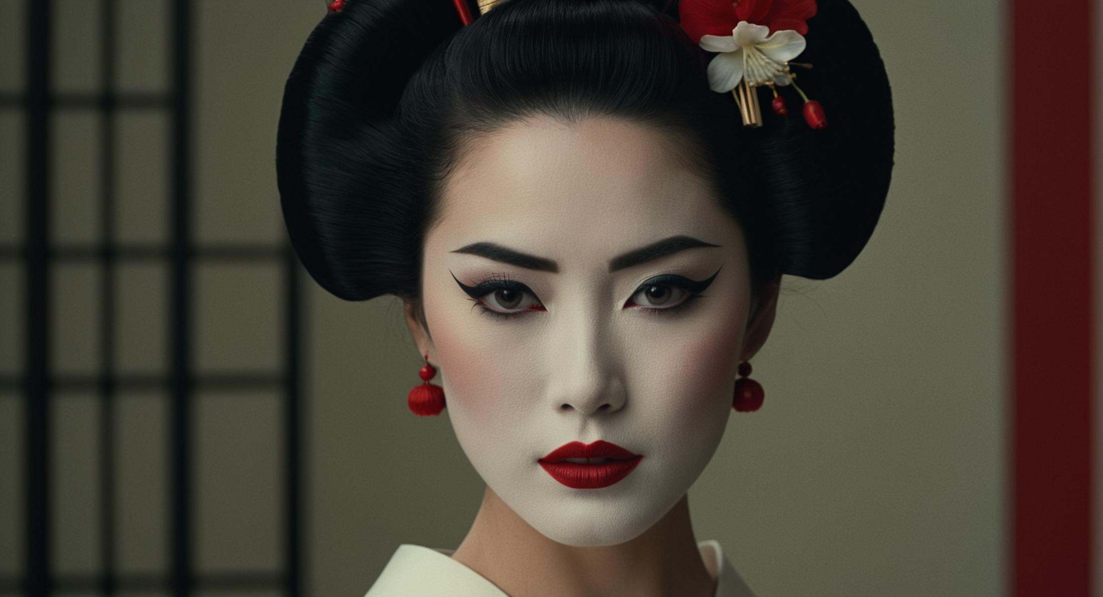 cinematic film still of <lora:Ron Fricke style:1a geisha woman with a red lip and a black hairdo,  1girl,  solo on Tensor.Art