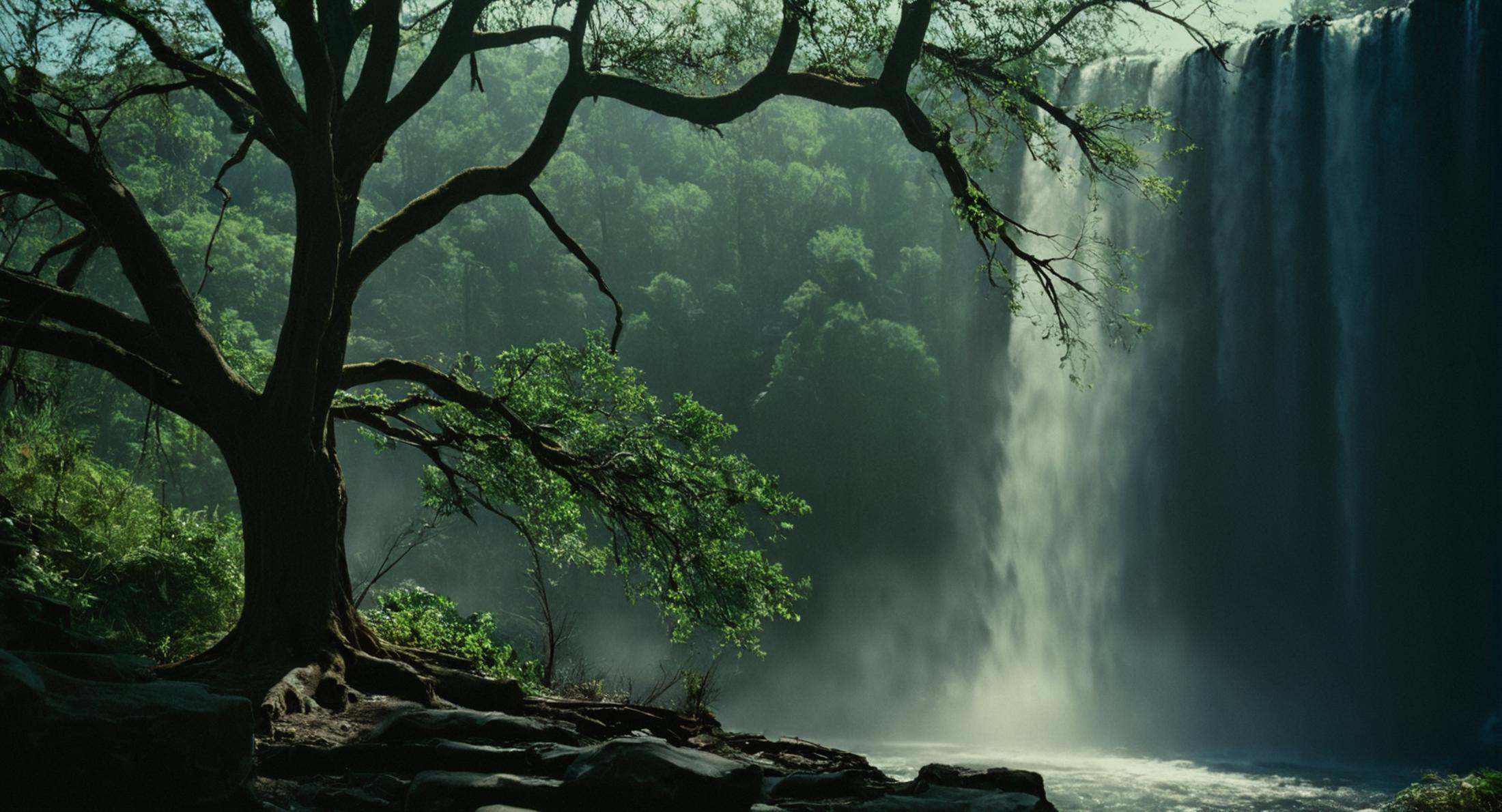 cinematic film still of a tree with a waterfall in the background,  outdoors,  tree on Tensor.Art