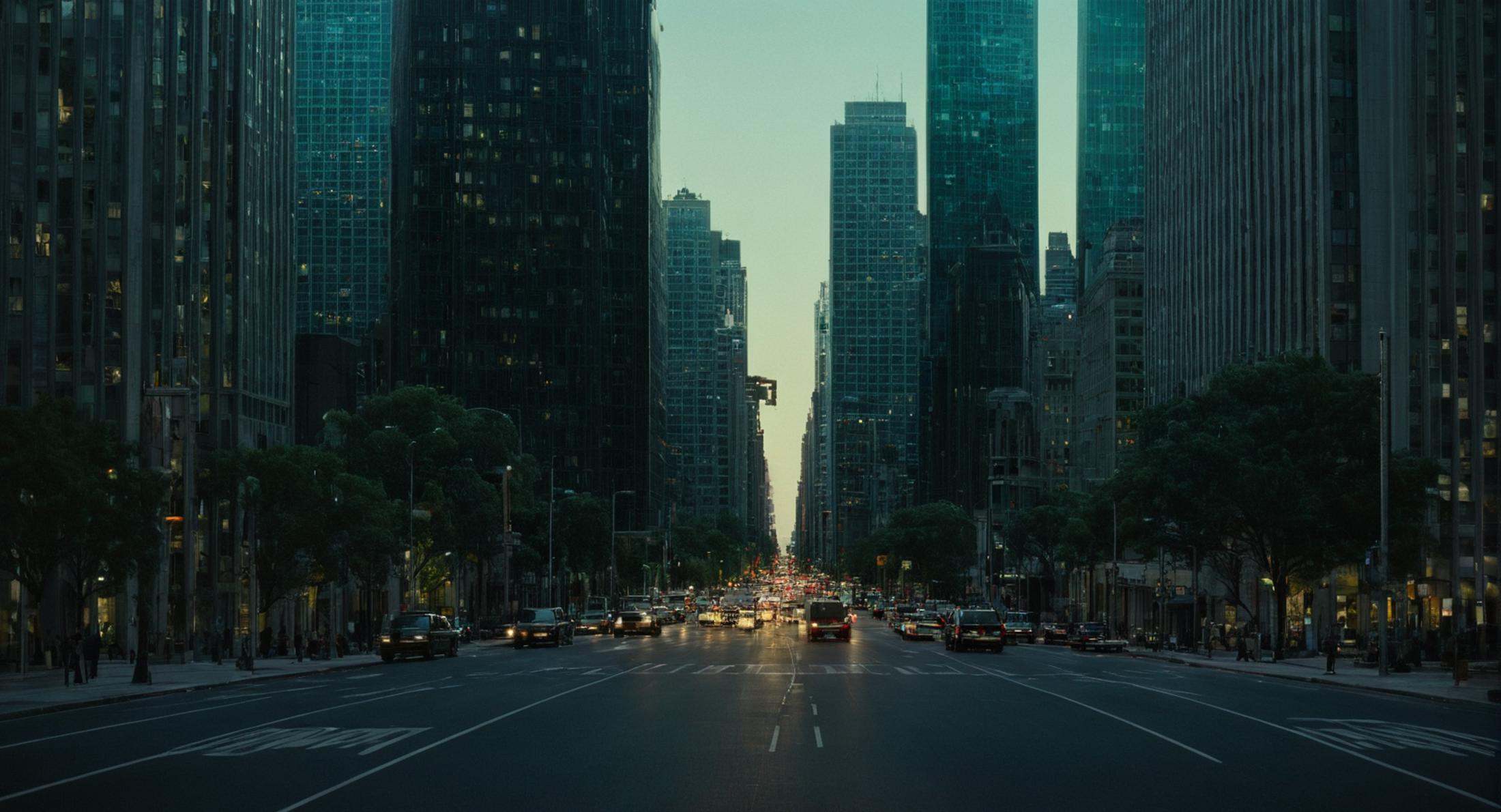 cinematic film still of a city street with a lot of traffic and tall buildings,  outdoors,  sky on Tensor.Art
