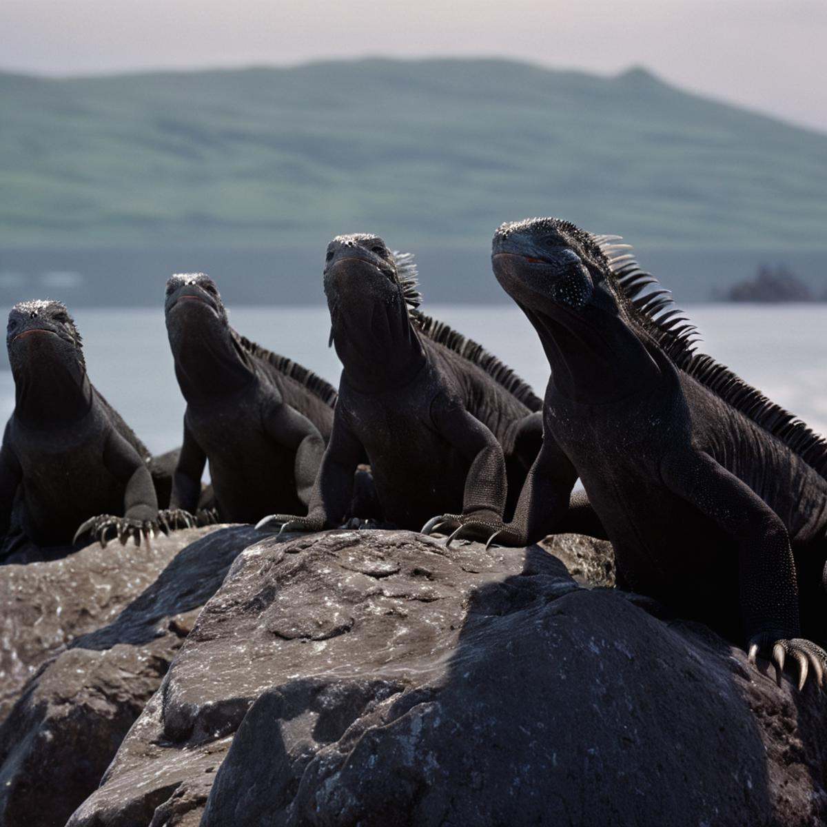 cinematic film still of a group of marine iguanas sitting on rocks,  open mouth,  outdoors on Tensor.Art