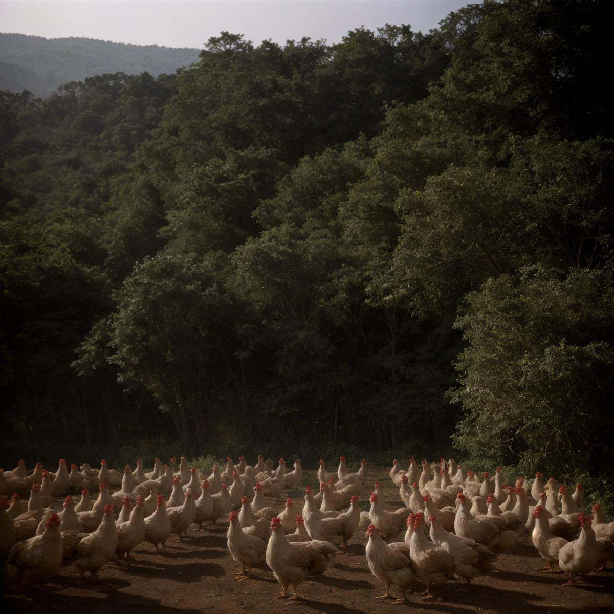 cinematic film still of a large chicken farm with several cages of chickens,  instrument,  stairs on Tensor.Art