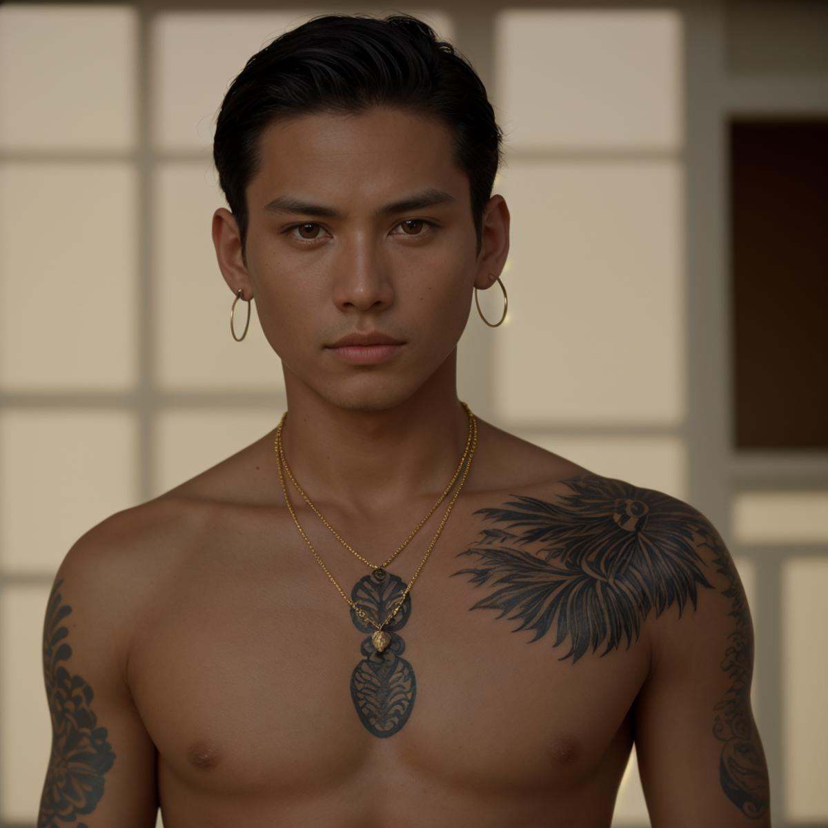 cinematic film still of a man with a tattoo on his back,  solo,  short hair on Tensor.Art