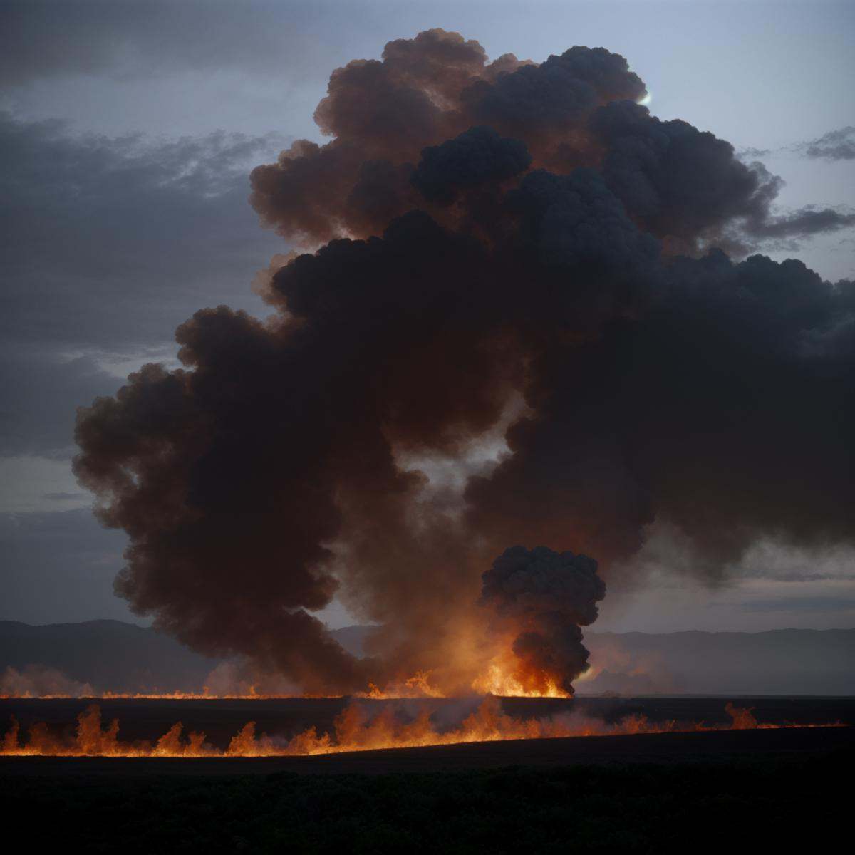 cinematic film still of a large fire is burning in the middle of a field,  outdoors,  sky on Tensor.Art