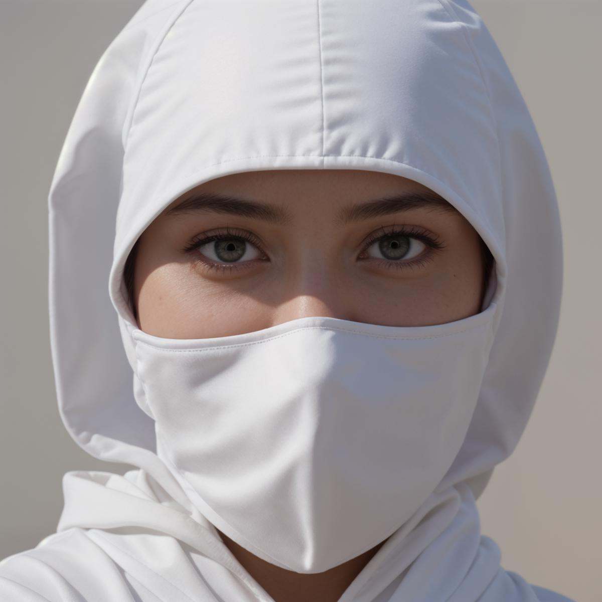 cinematic film still of a woman wearing a white hood and a white mask,  solo,  looking at viewer on Tensor.Art