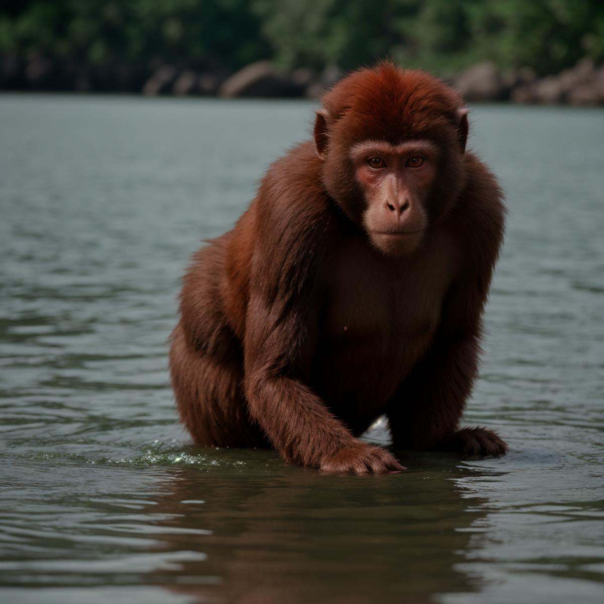 cinematic film still of a monkey with a red face in the water,  solo,  outdoors on Tensor.Art