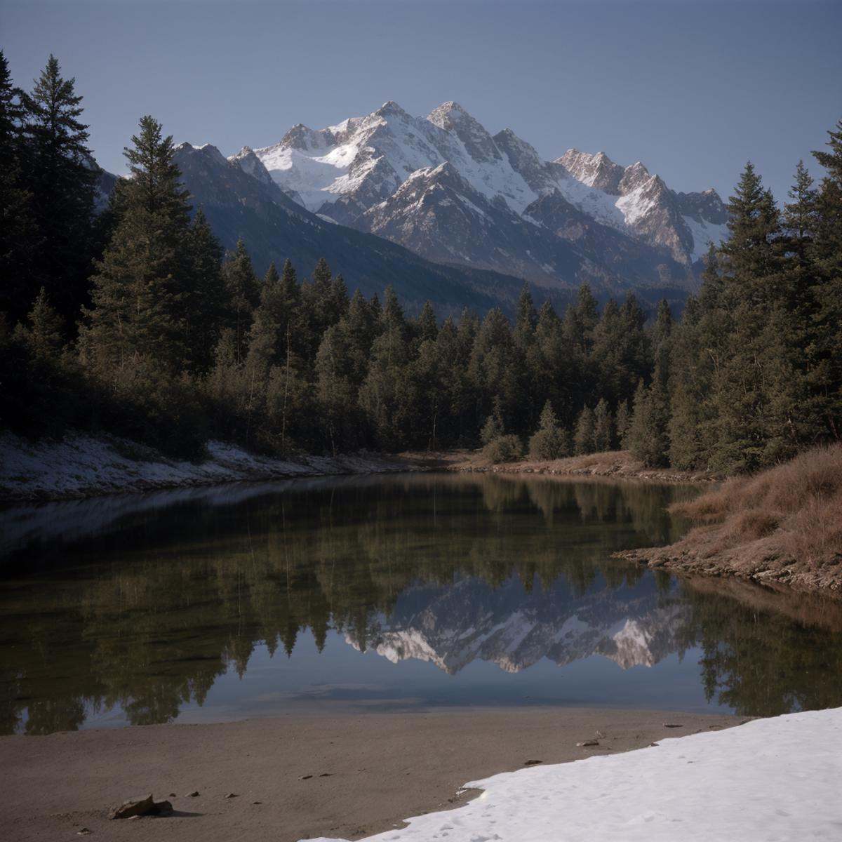 cinematic film still of a mountain reflected in a lake with trees,  outdoors,  day on Tensor.Art