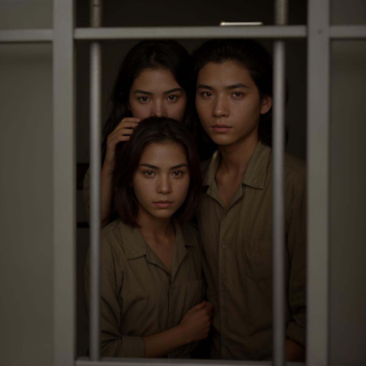 cinematic film still of a group of people behind bars in a jail cell,  looking at viewer,  multiple girls on Tensor.Art