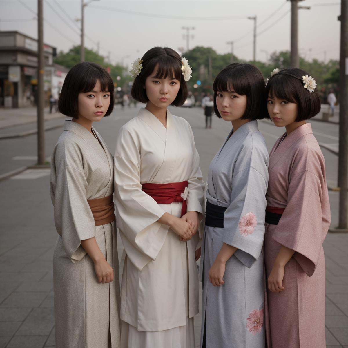 cinematic film still of three women in kimono are standing in a line,  looking at viewer,  short hair on Tensor.Art